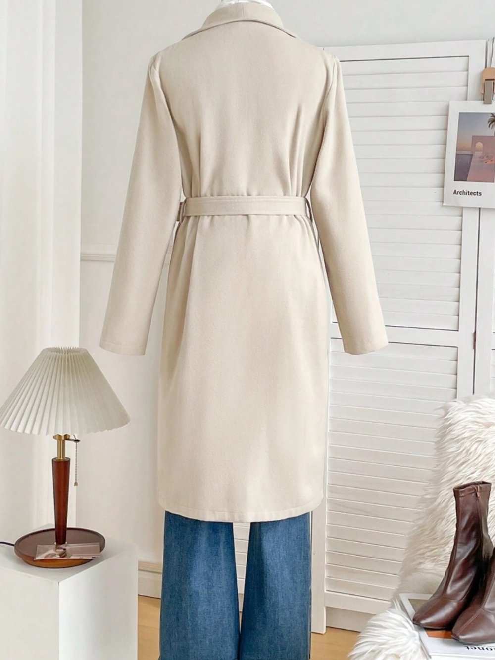 Classic Solid Cream Wide Collar belted Jacket Coat - Picture 4 of 6
